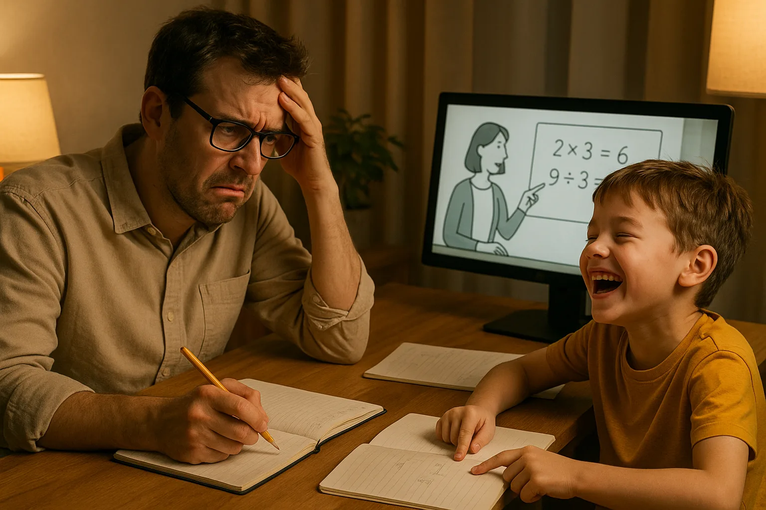 школьник обучает взрослого и смеётся во время домашнего урока