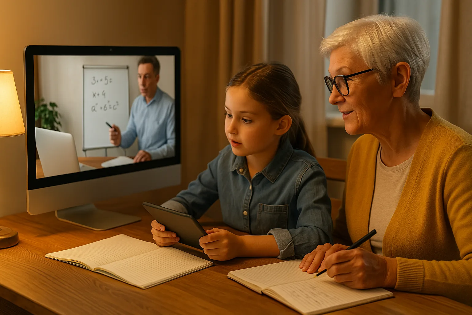 бабушка и внучка вместе смотрят онлайн-урок по математике