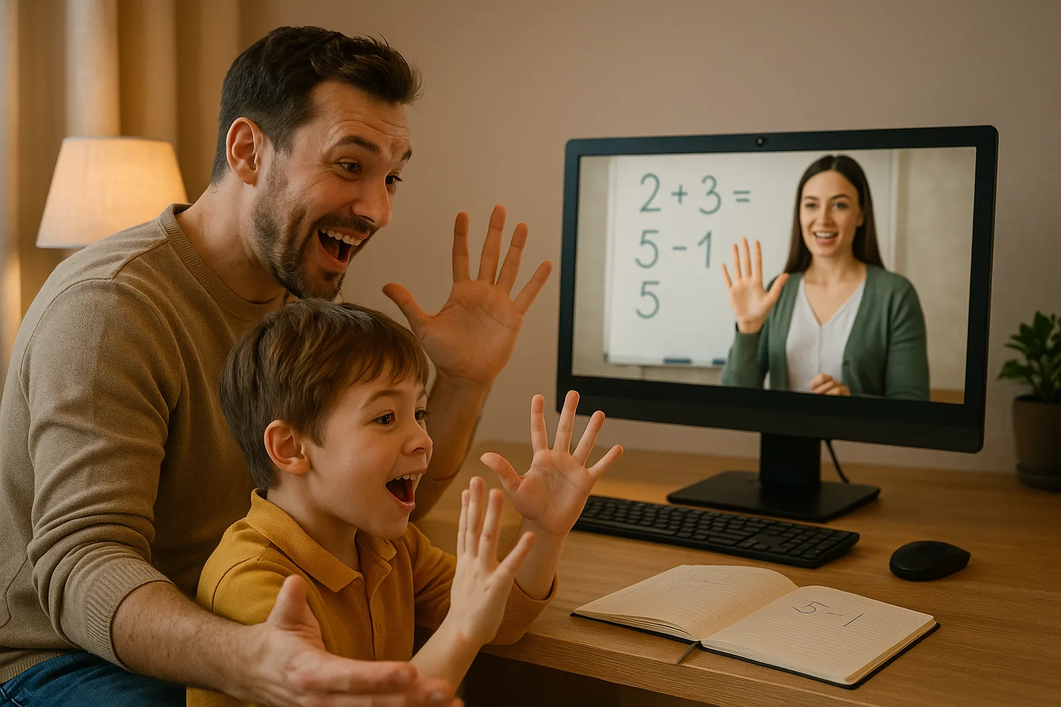 родитель и ребёнок считают пальцами под видеоурок по математике