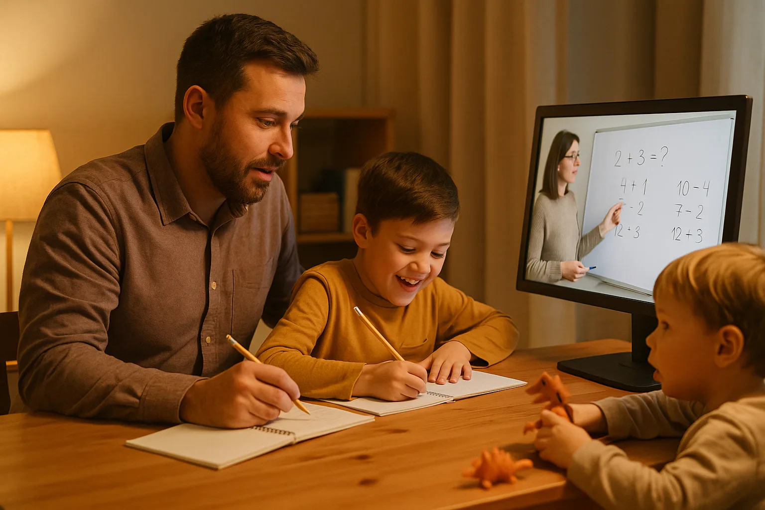 родитель и школьник учатся, младший брат играет рядом