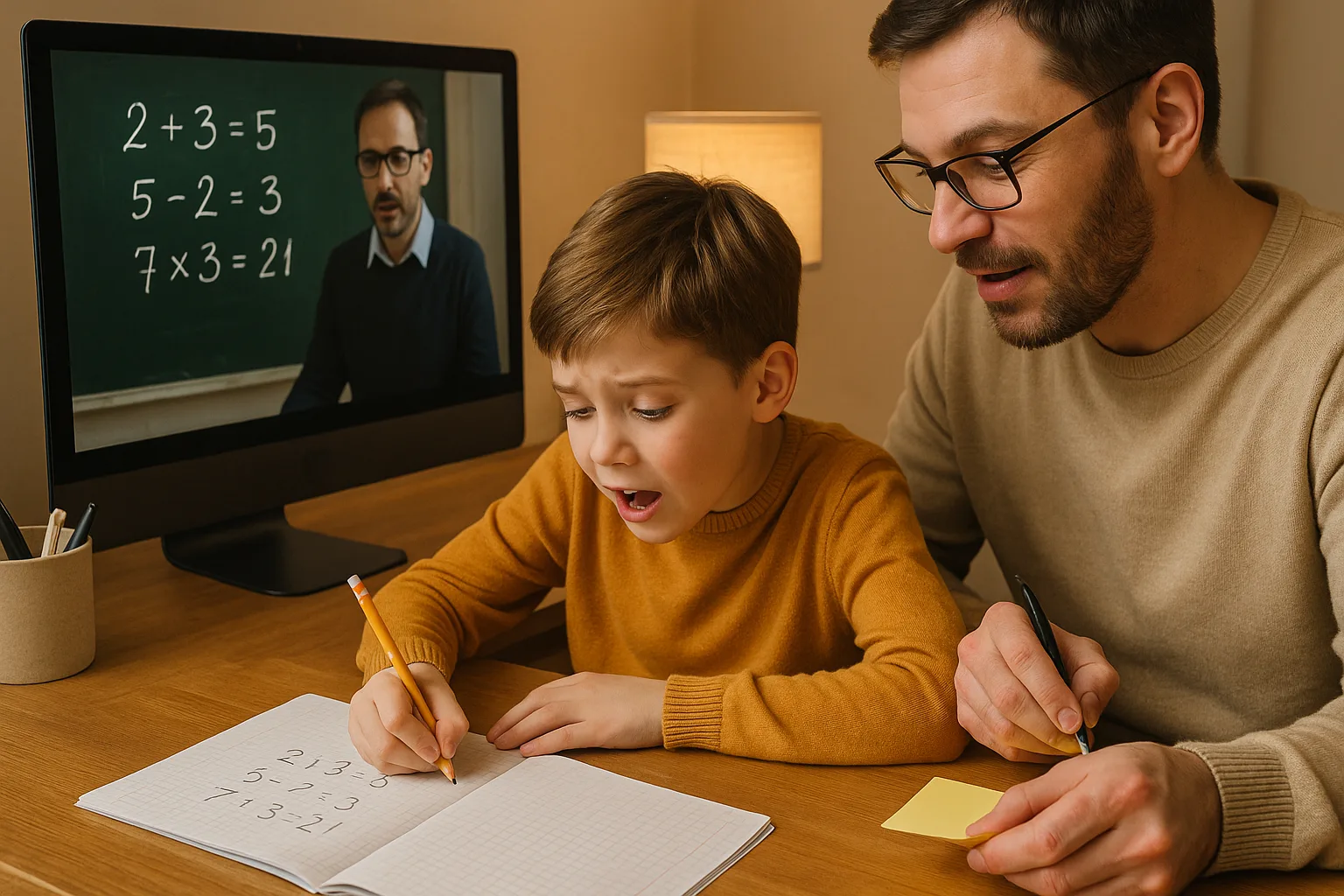 школьник и родитель делают заметки во время онлайн-урока по математике